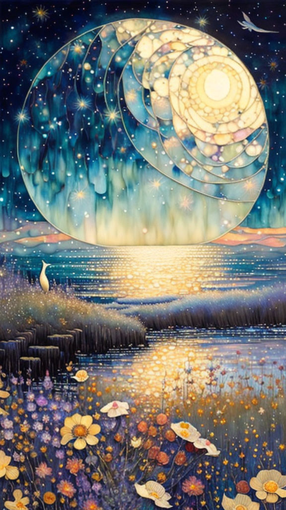 Night scene painting: large moon, reflective water, flowers, heron.