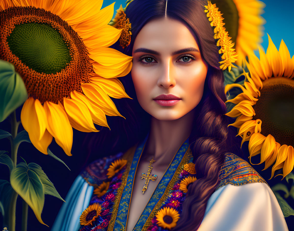 Woman with Braided Hair and Sunflower Adornments in Sunflower Field