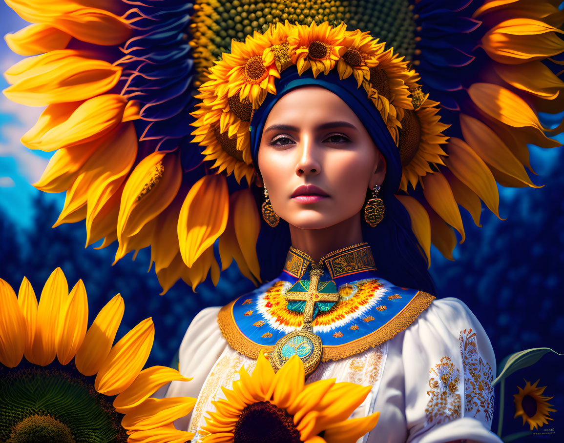 Woman in Sunflower Headdress and Traditional Attire Surrounded by Sunflowers