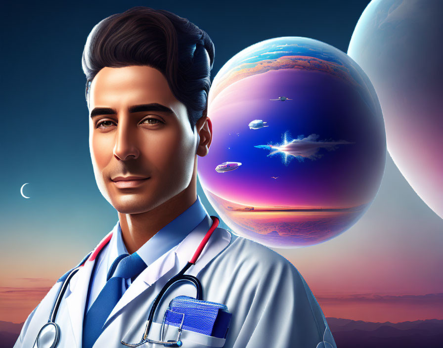 Stylized image of doctor with futuristic space scene