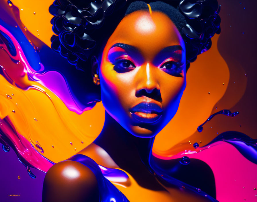 Colorful portrait of woman with striking makeup and swirling liquid in purple, orange, and blue