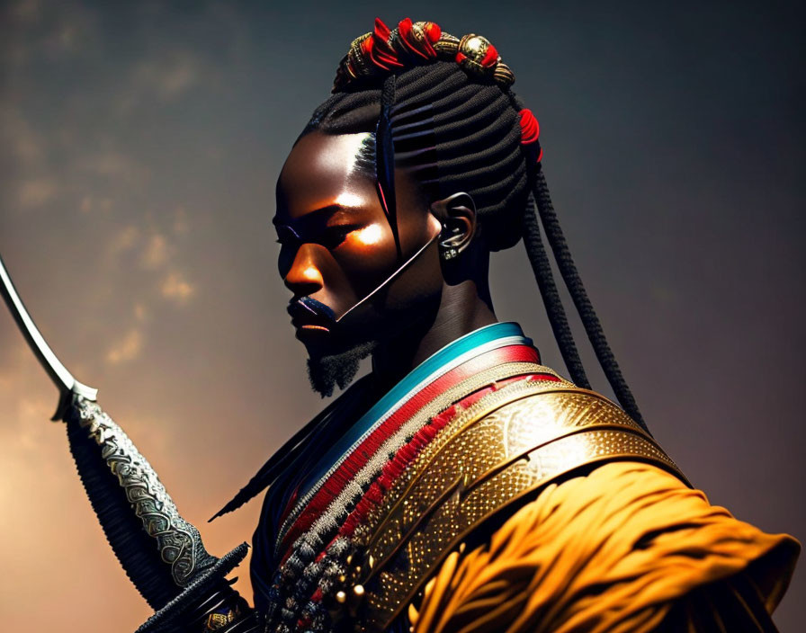 Person with Intricate Braids in Traditional Attire Holding Sword at Dusk