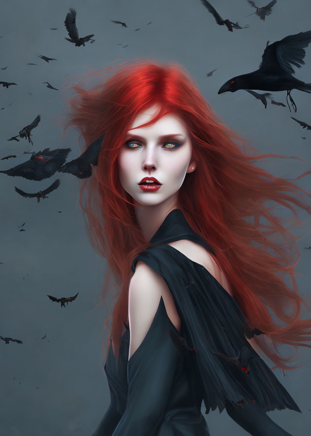 Striking red-haired woman with blue eyes surrounded by flying crows