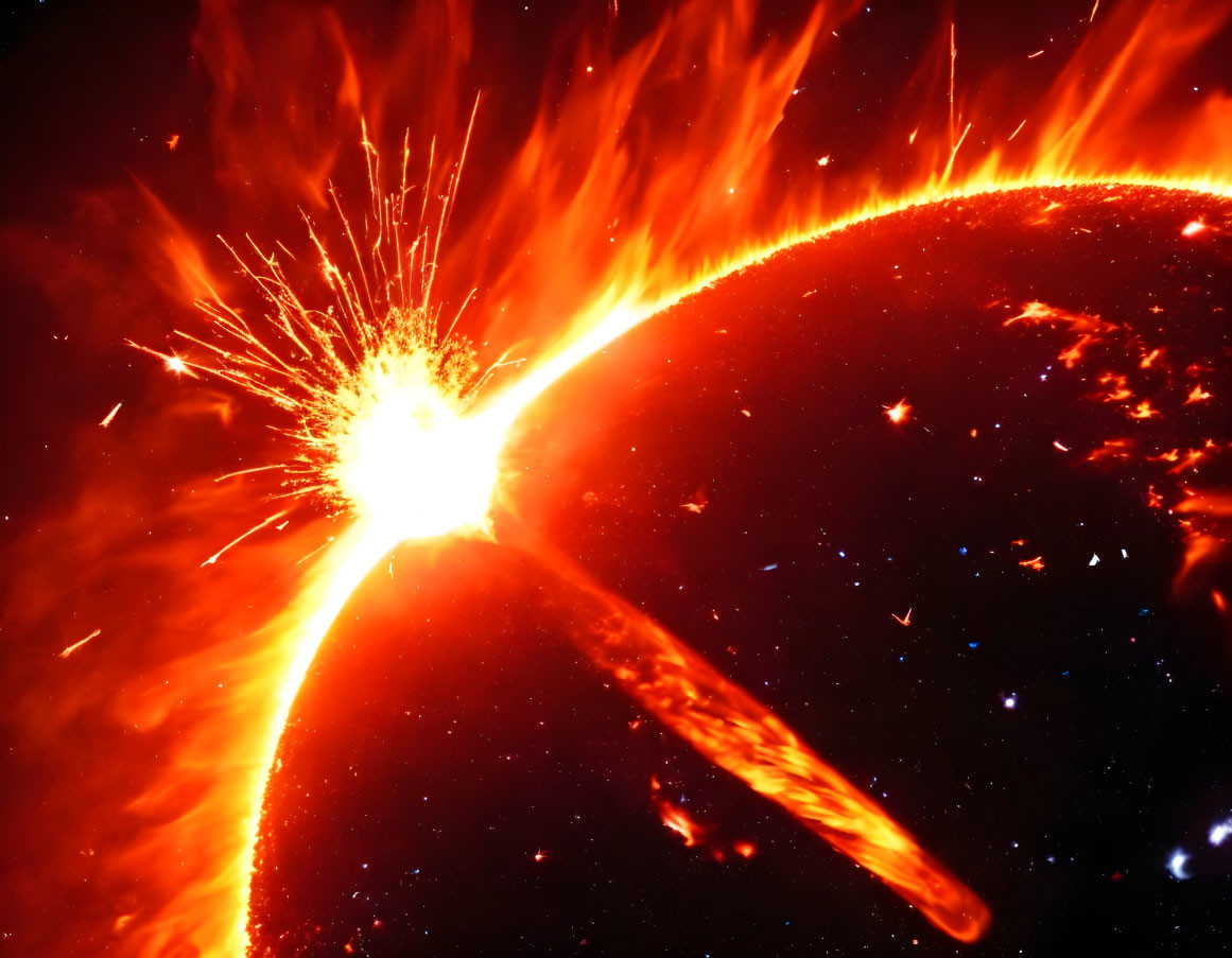 Solar flare erupting from the sun's surface with fiery streams