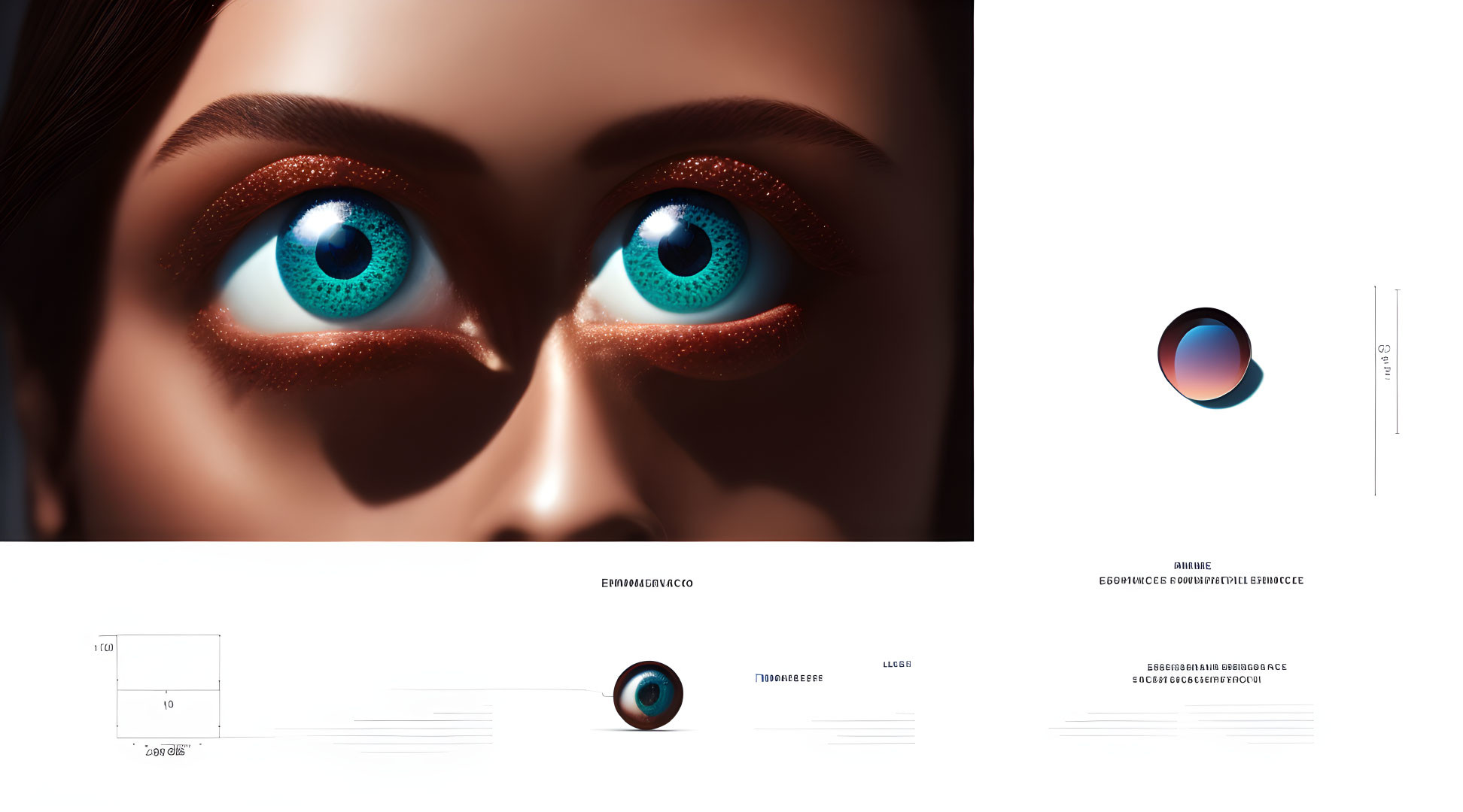 Detailed graphic design: stylized eyes with blue irises and copper eyeshadow.