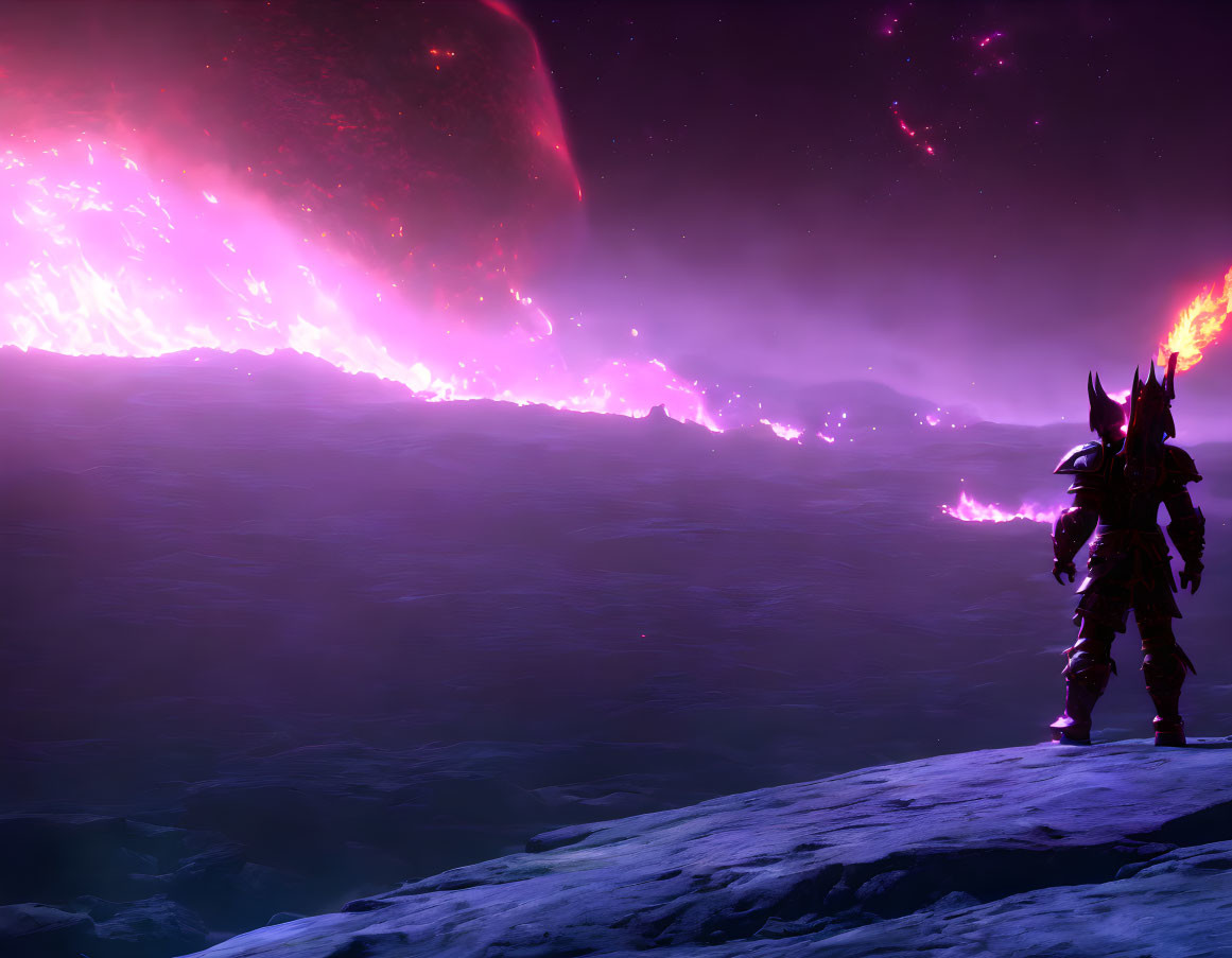 Warrior silhouette in armor on rocky terrain under purple and pink cosmic sky