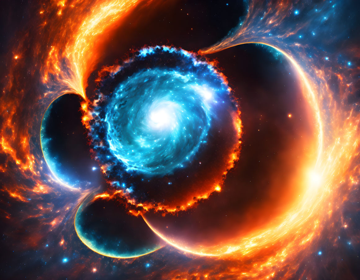 Colorful digital artwork: cosmic scene with blue and orange swirls