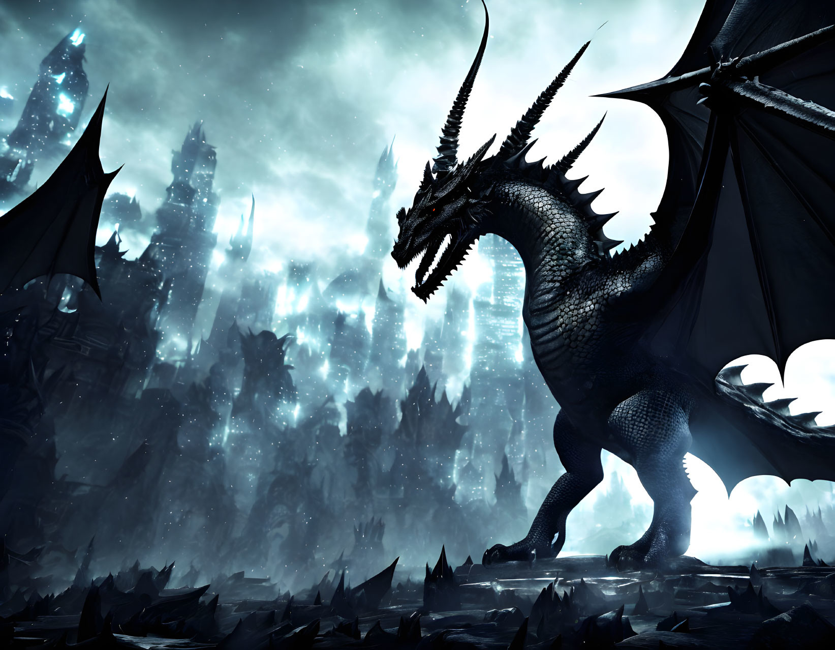 Majestic Black Dragon on Icy Cliffs and Moody Sky