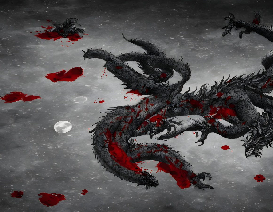 Black dragon with red accents in moonlit sky with blood splatters