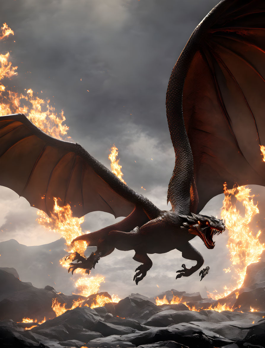 Fiery-winged dragon descends on rocky terrain engulfed in flames