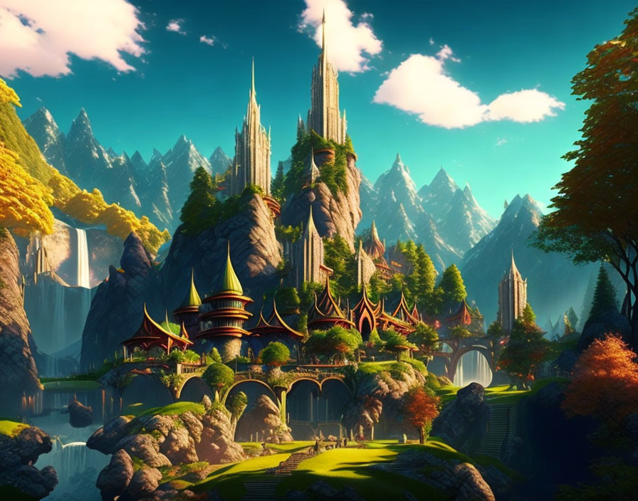 Majestic spired castles and oriental-style buildings in a fantasy landscape