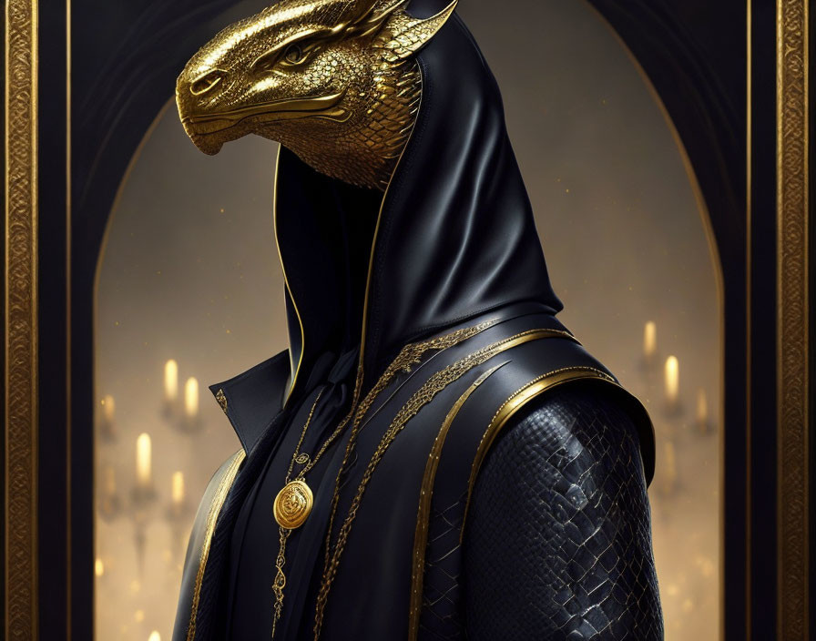 Regal figure with golden dragon mask in black cloak and scalloped armor