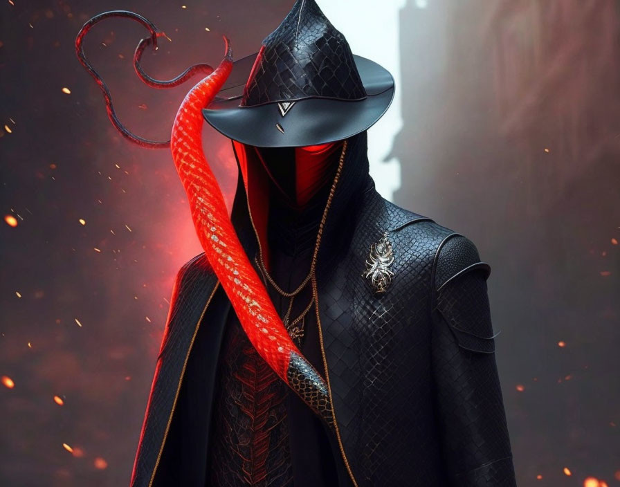 Stylized character in dark coat and hat with red scarf on smoky background