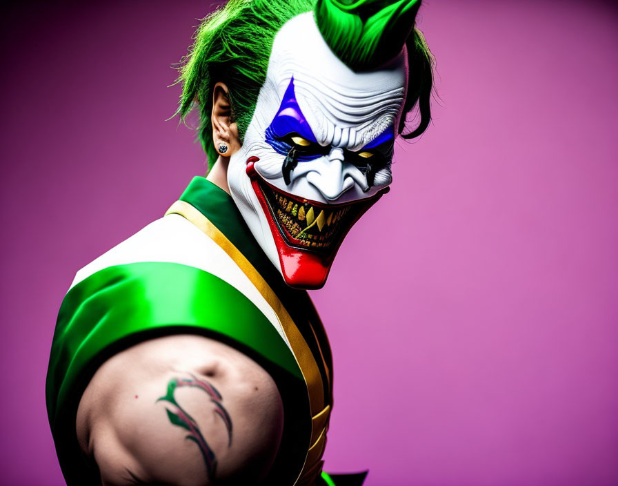 Vibrant Joker cosplay with green hair flexing against pink background