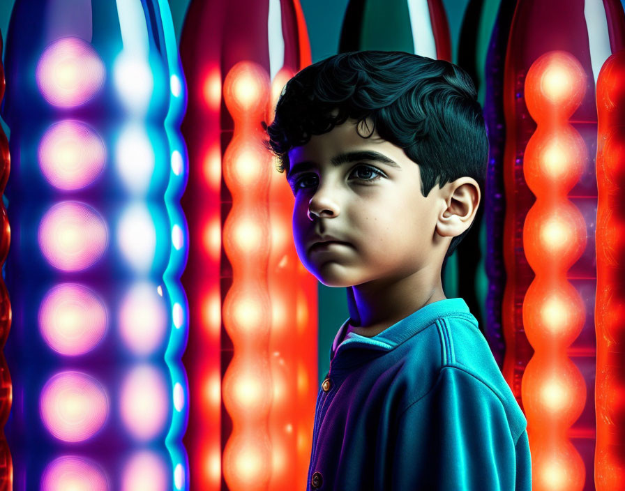 Young boy in front of vibrant neon-lit pillars with blue and red lights.