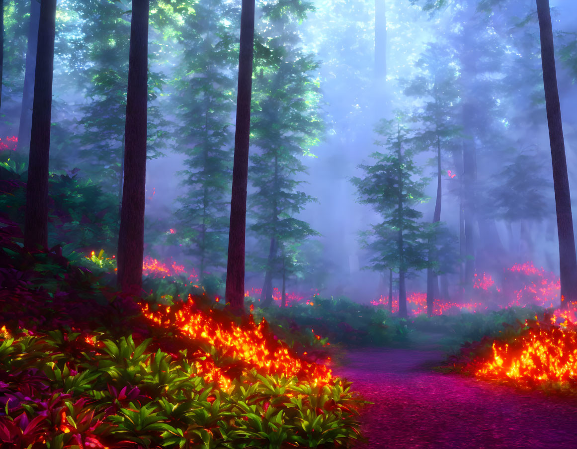 Enchanting forest scene with glowing red and orange vegetation under a purple mist