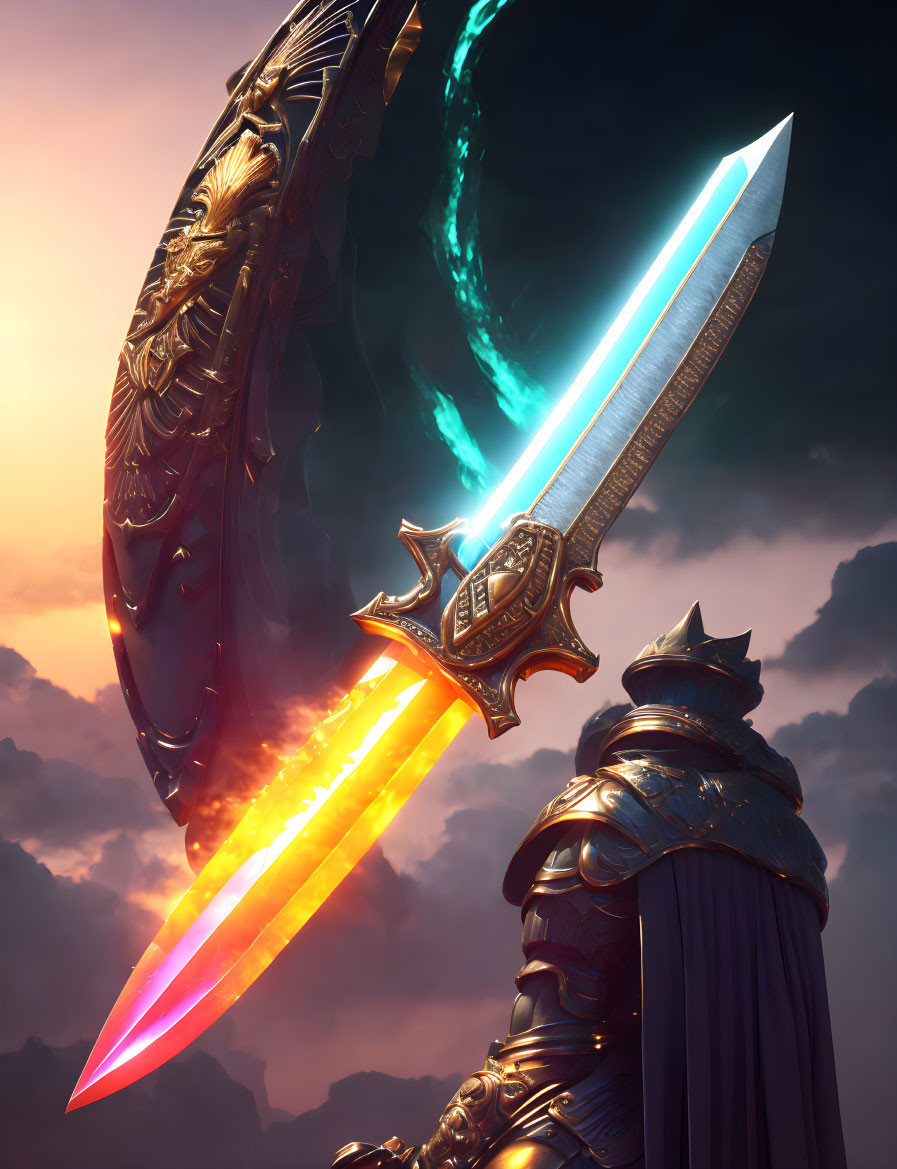 Knight in Armor with Glowing Sword and Shield against Stormy Sky