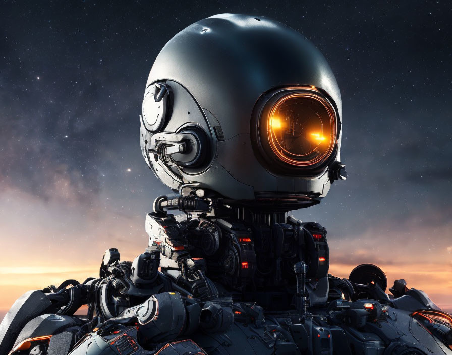 Futuristic robot with glowing orange eye in dusk sky