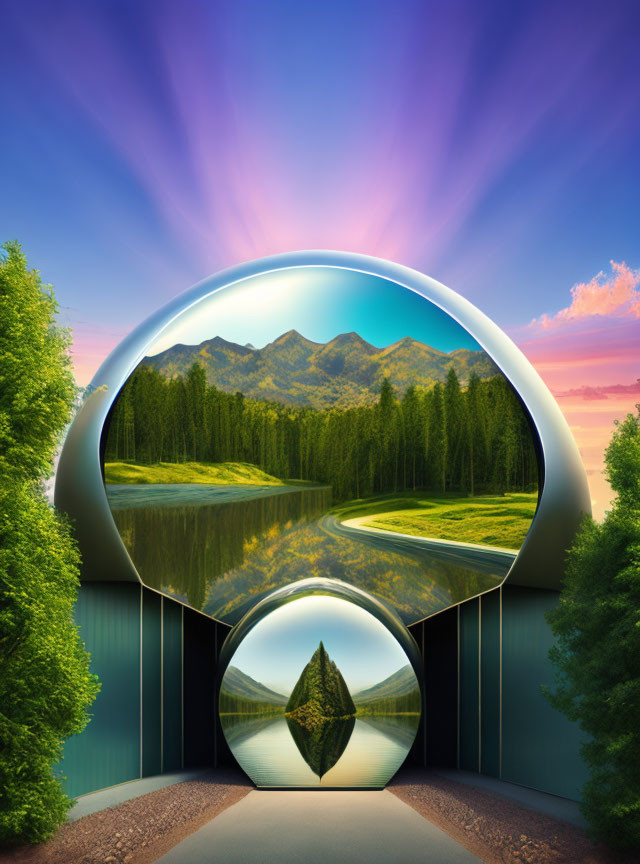 Surreal landscape with mountains and lake through circular portal at dawn or dusk