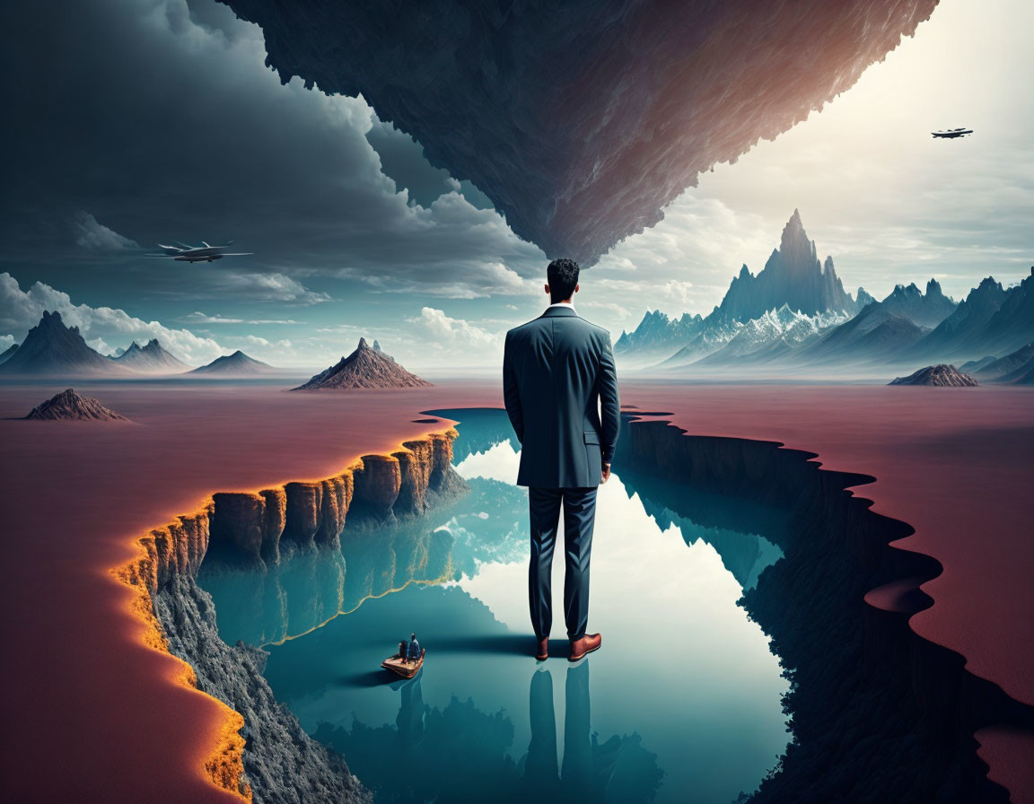 Man in suit on cliff overlooking surreal floating mountains and aircraft in red landscape.