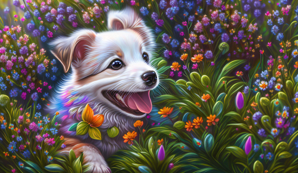 Fluffy dog in vibrant floral setting with colorful flowers