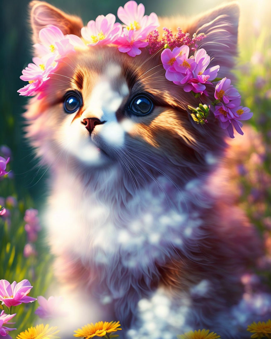 Fluffy Cat with Flower Crown in Sunlit Meadow