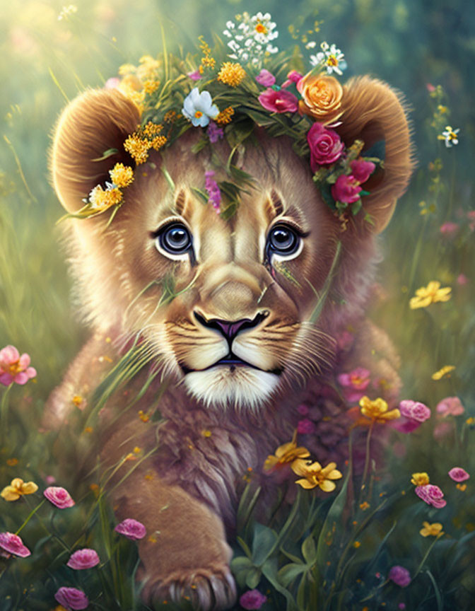 Adorable lion cub with flower crown in vibrant flower field