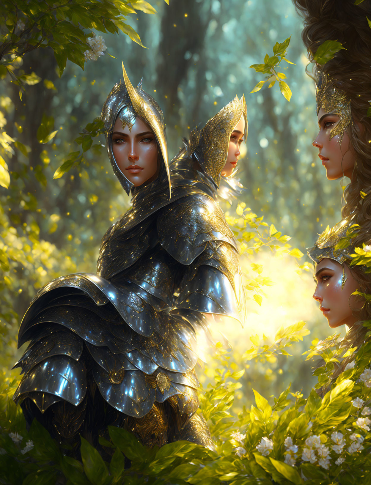 Ethereal figures in gleaming armor in sunlit forest