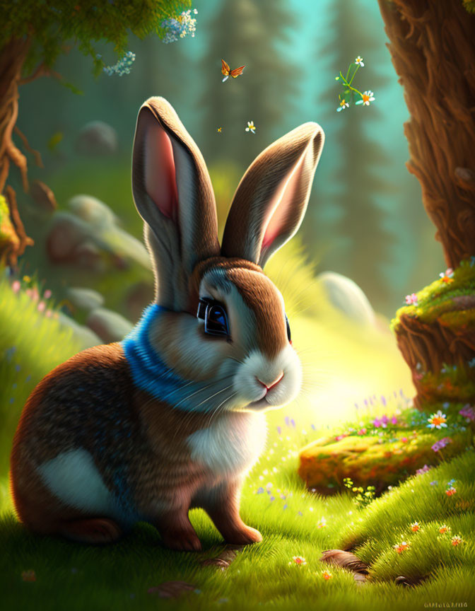 Detailed Illustration: Brown and White Rabbit in Vibrant Forest with Flowers, Butterflies, and Spark