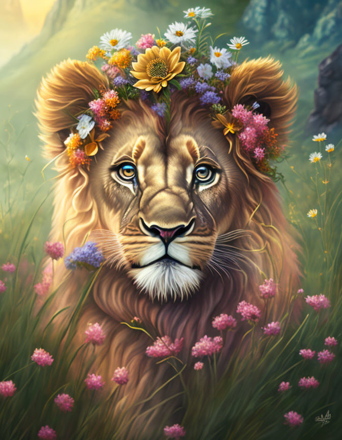 Colorful Flower Crown Lion in Serene Meadow Landscape