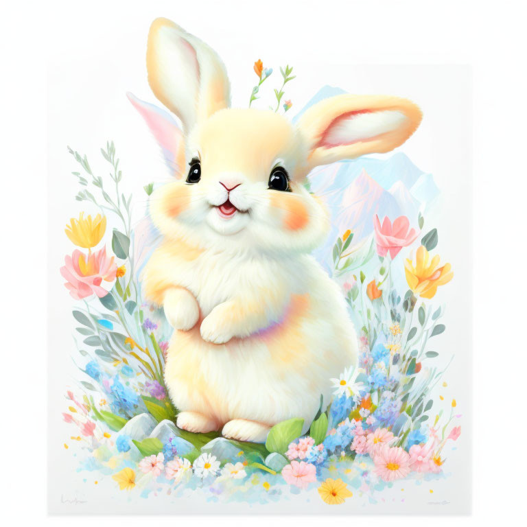 Fluffy Bunny with Colorful Flowers in Soft Pastel Tones