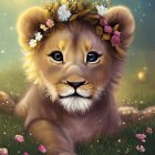 Adorable lion cub with flower crown in vibrant flower field