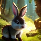 Detailed Illustration: Brown and White Rabbit in Vibrant Forest with Flowers, Butterflies, and Spark