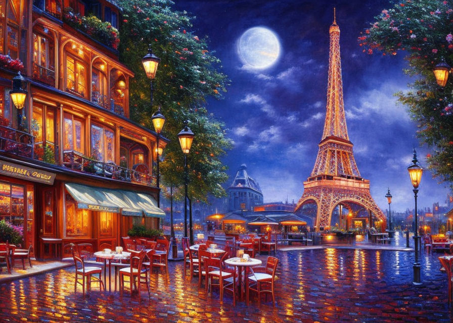 Parisian Evening Painting with Eiffel Tower, Cobblestone Streets, and Full Moon