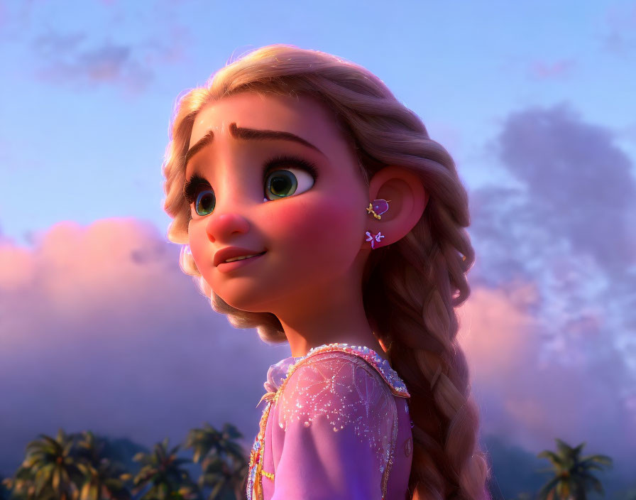 Blonde Braided Hair Female Character with Snowflake Earring Smiling at Sunset