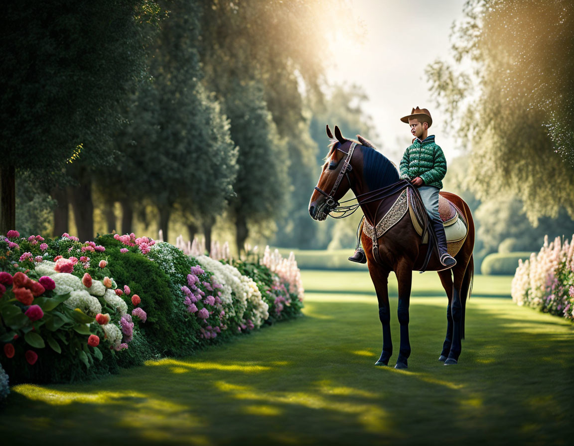 Traditional Attire Rider on Chestnut Horse in Garden Setting