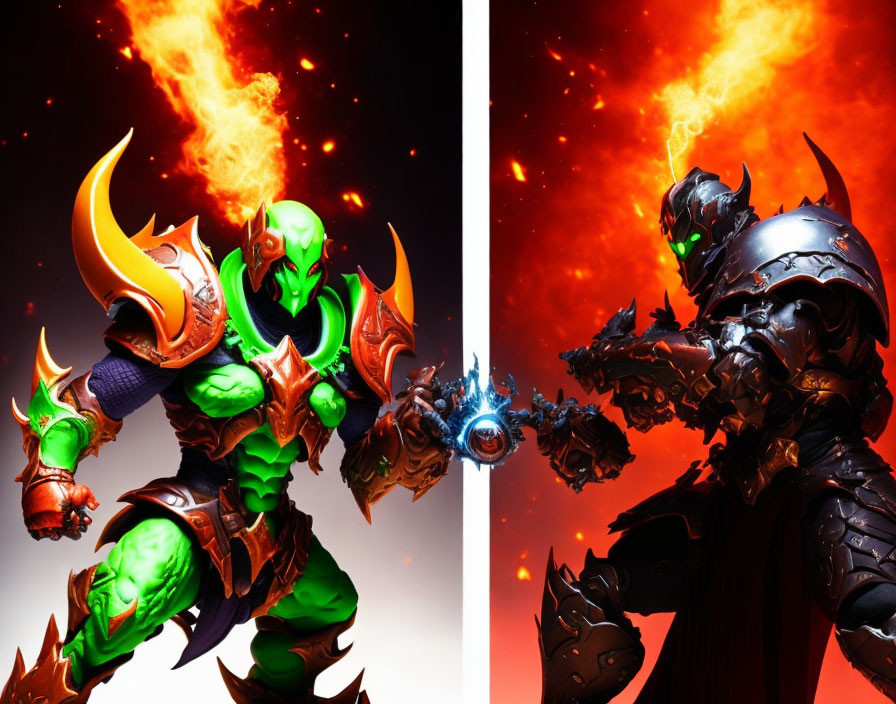 Fantasy armored characters in green and black against fiery backdrop