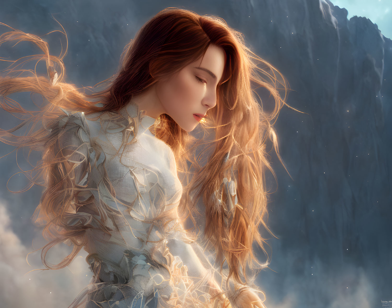 Red-haired woman in white outfit against mountain and cloud backdrop