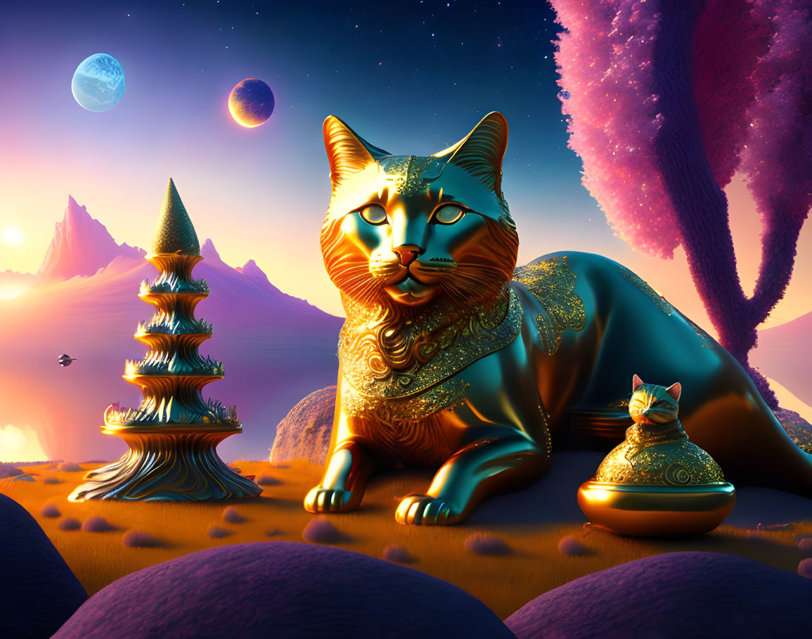 Digital Artwork: Golden Cats with Ornate Patterns in Fantastical Landscape