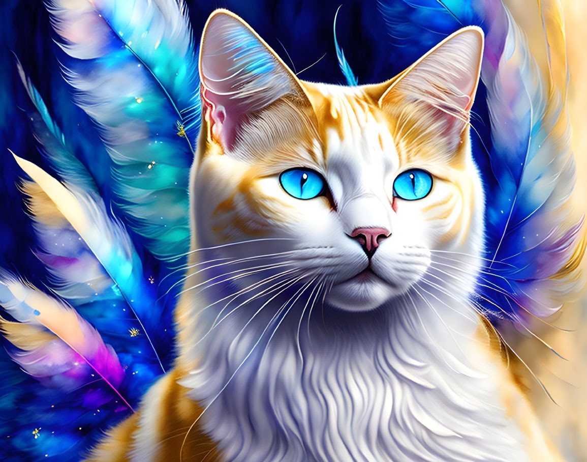 Colorful Cat with Blue Eyes and Multicolored Wings in Cosmic Scene