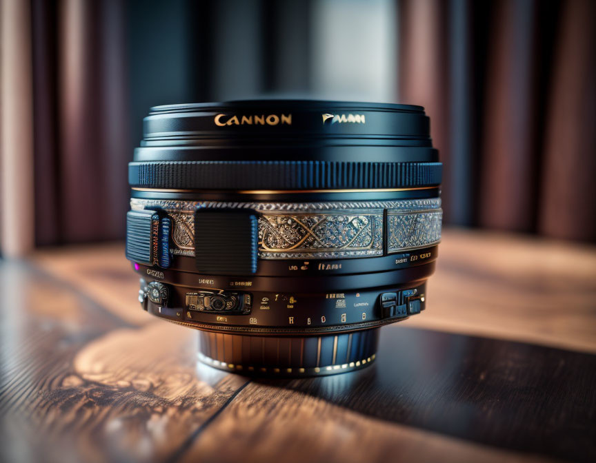 Canon Camera Lens with Intricate Designs and Control Labels on Wooden Surface