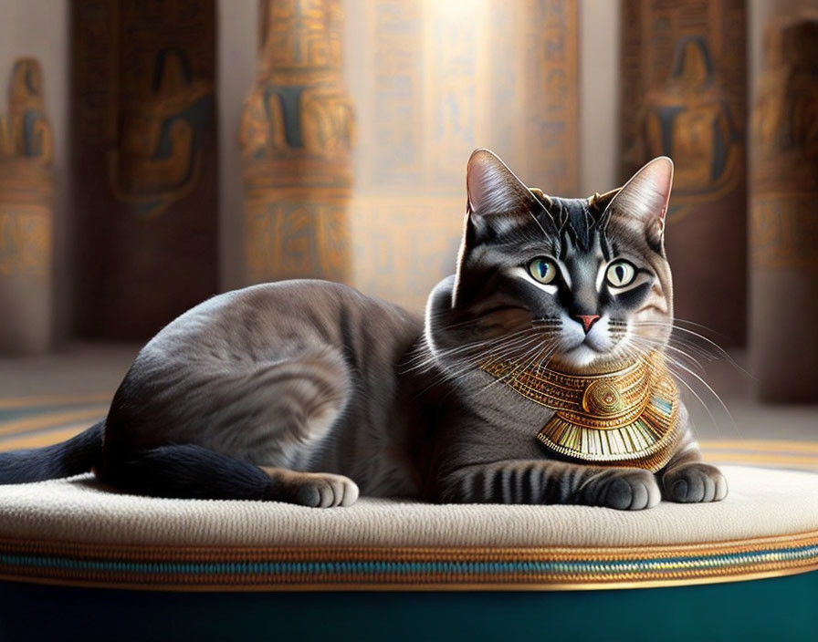 Tabby Cat with Emerald Eyes in Egyptian Setting with Golden Collar