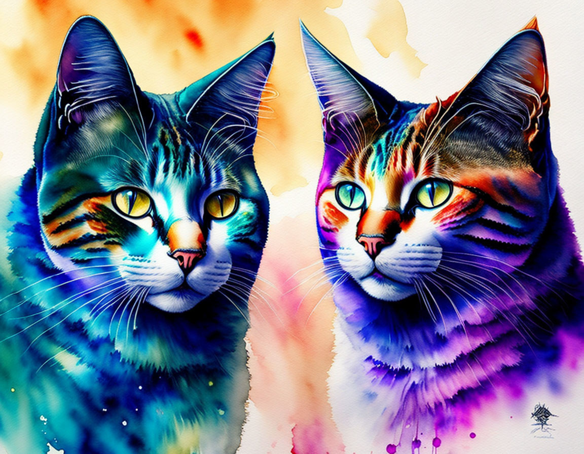 Colorful Watercolor Painting of Two Cats with Yellow Eyes