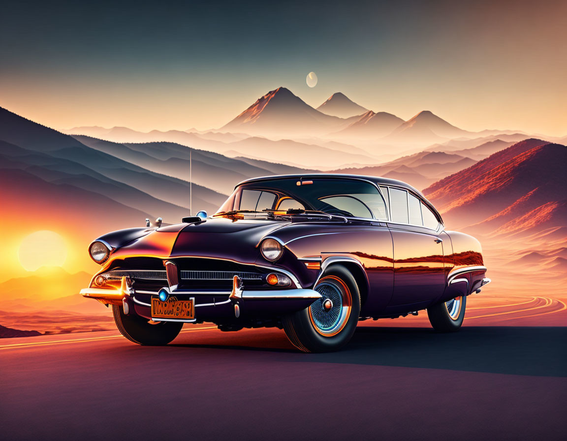 Vintage Black Car Parked at Sunset with Mountains and Crescent Moon