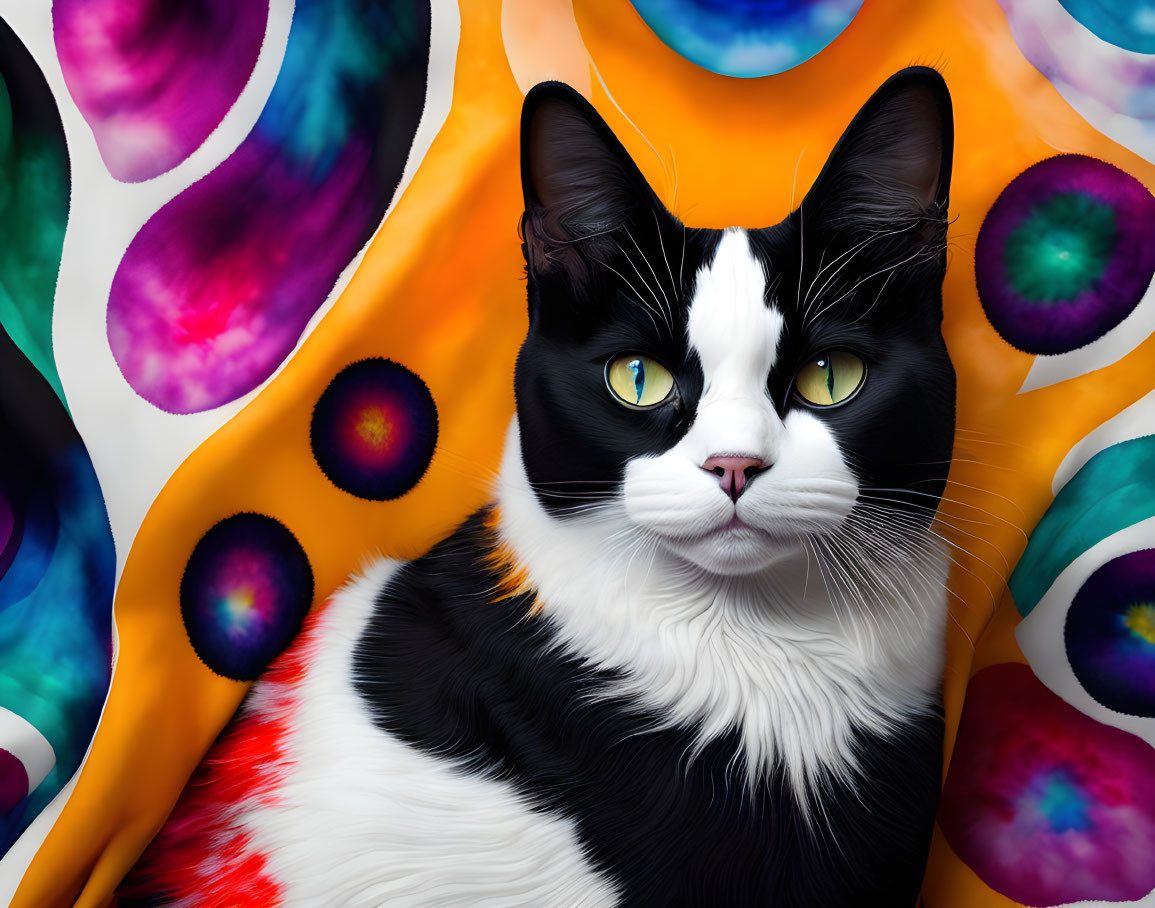 Black and White Cat with Yellow Eyes on Psychedelic Background