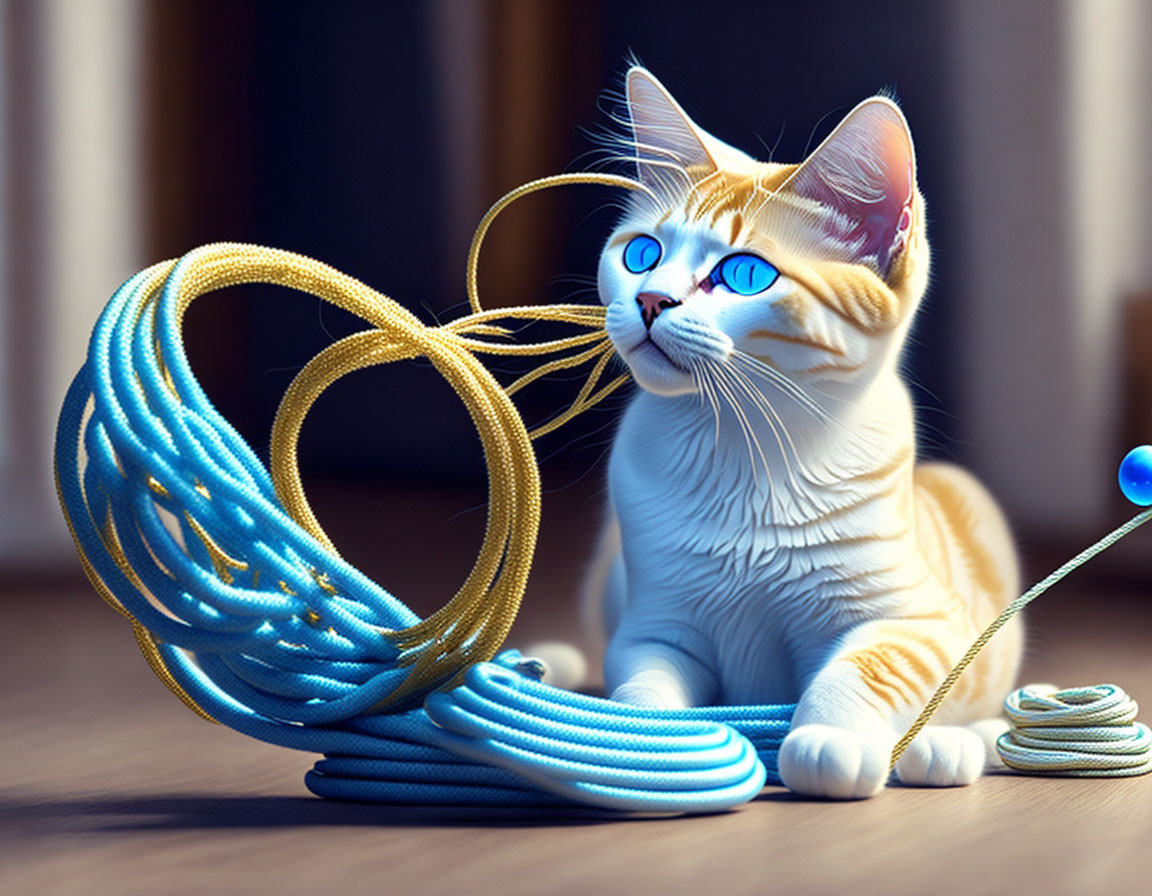 Orange and White Cat with Blue Eyes Tangled in Blue and Gold Cords