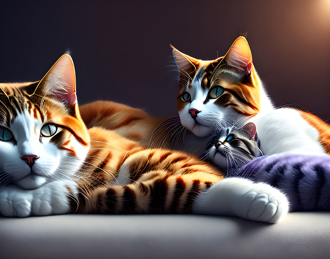 Three Cats with Orange and White Fur Patterns on Dark Background