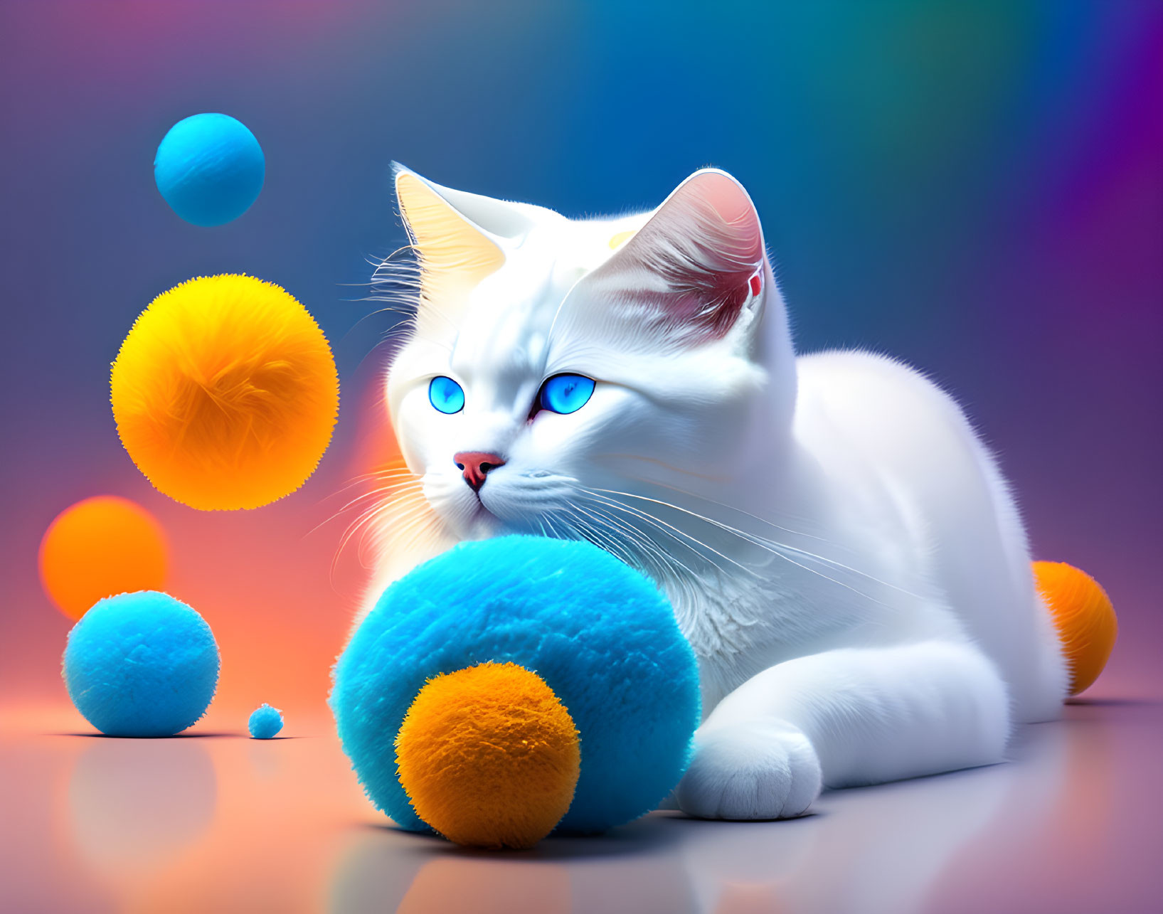 White Cat with Blue Eyes Surrounded by Colorful Balls on Reflective Surface