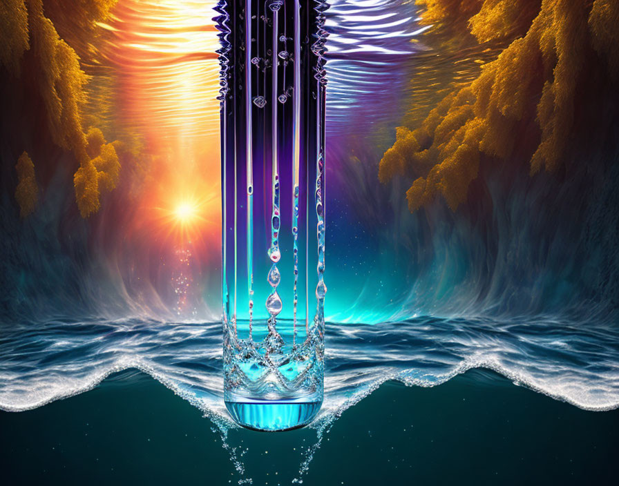 Digital art: Fluid columns in rippling water under vibrant sunset