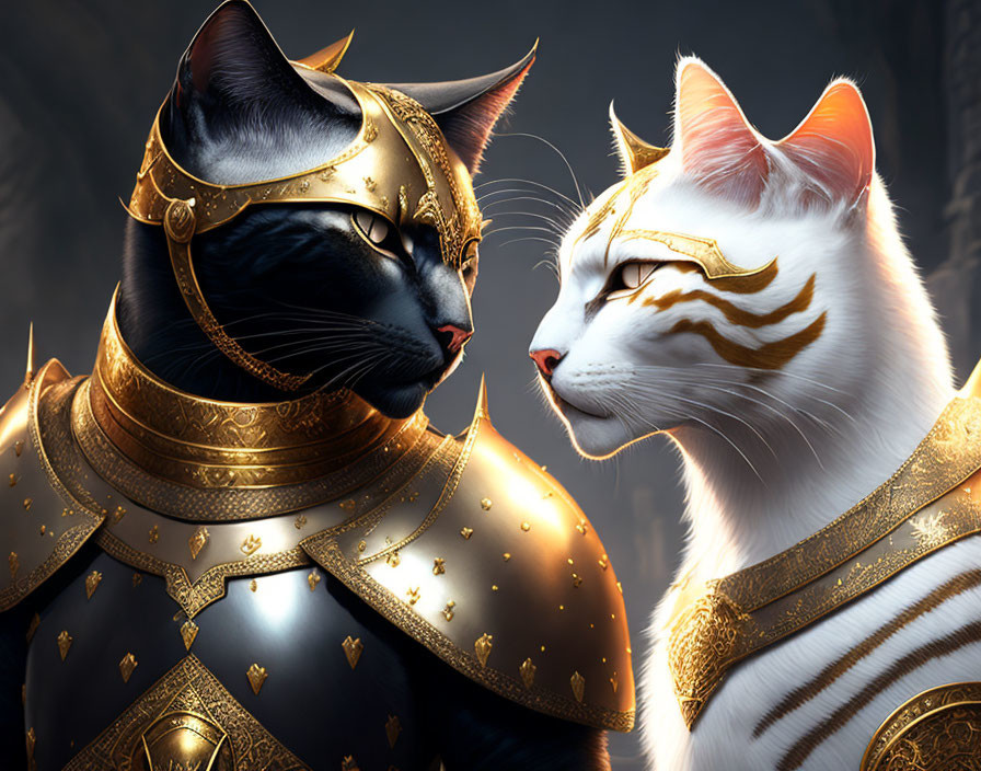 Fantasy-style golden armor on two cats, one black and one white